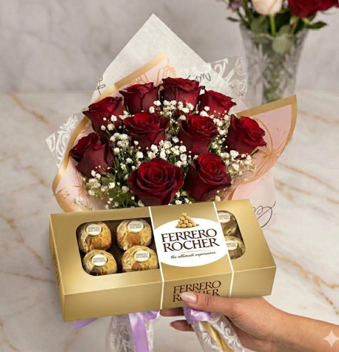 Ramo de 10 rosas rojas, mas bombones Ferrero Rocher