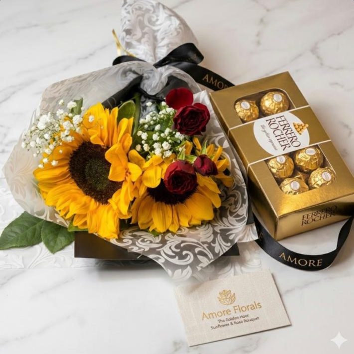 Ramo de girasol con rosas mas caja de bombones