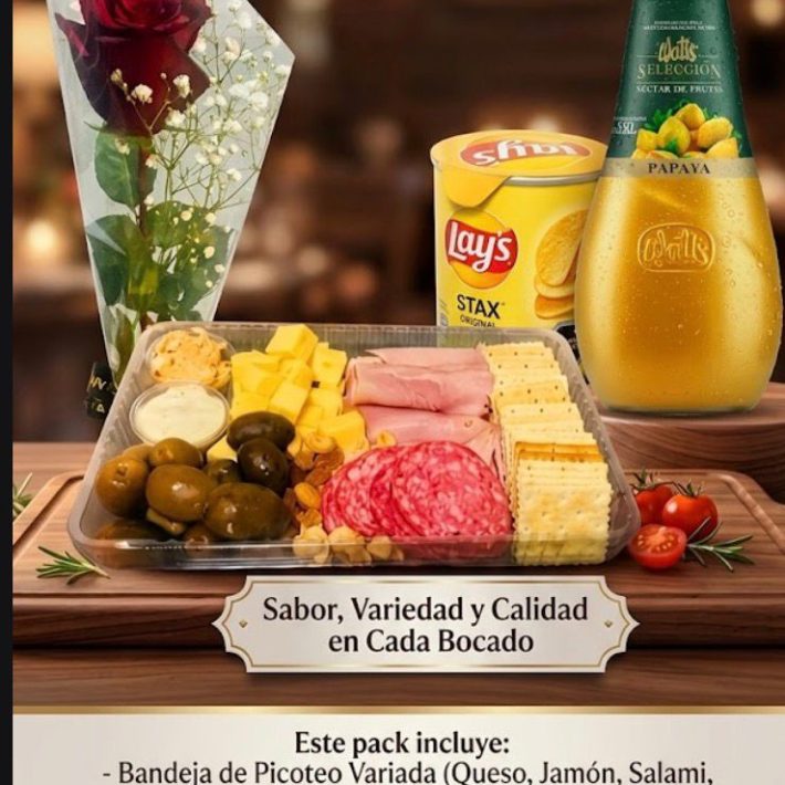 Tabla gourmet, jugo, papas, rosa roja