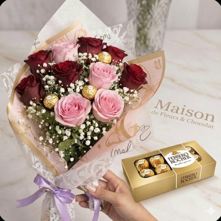Ramo de 8 rosas variadas , mas chocolate Ferrero Rocher